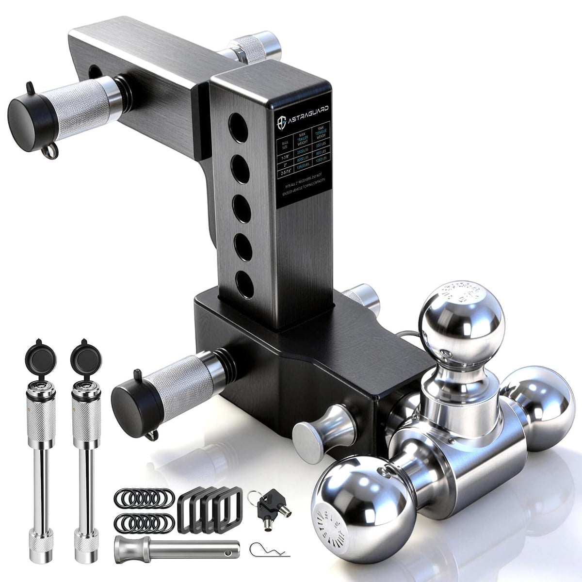 AstraGuard tri-ball hitch mounted on a 2-inch receiver for versatile towing options.