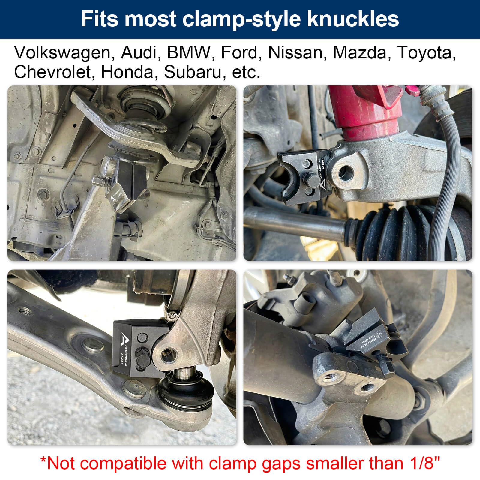 Astrionnova universal pinch-bolt hub compatibility covers VW, Audi, BMW, Ford, Mazda.