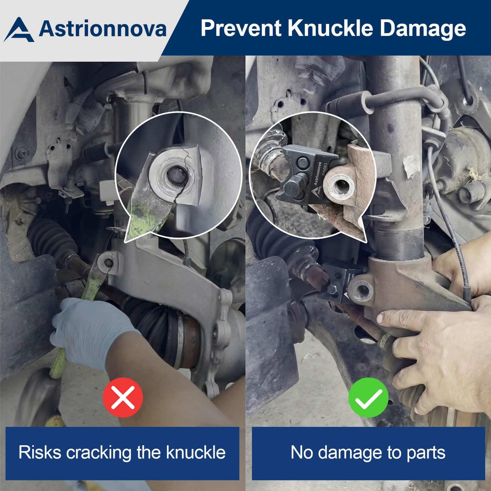 Astrionnova universal suspension strut spreader tool lower end enables clean lower ball joint separation.