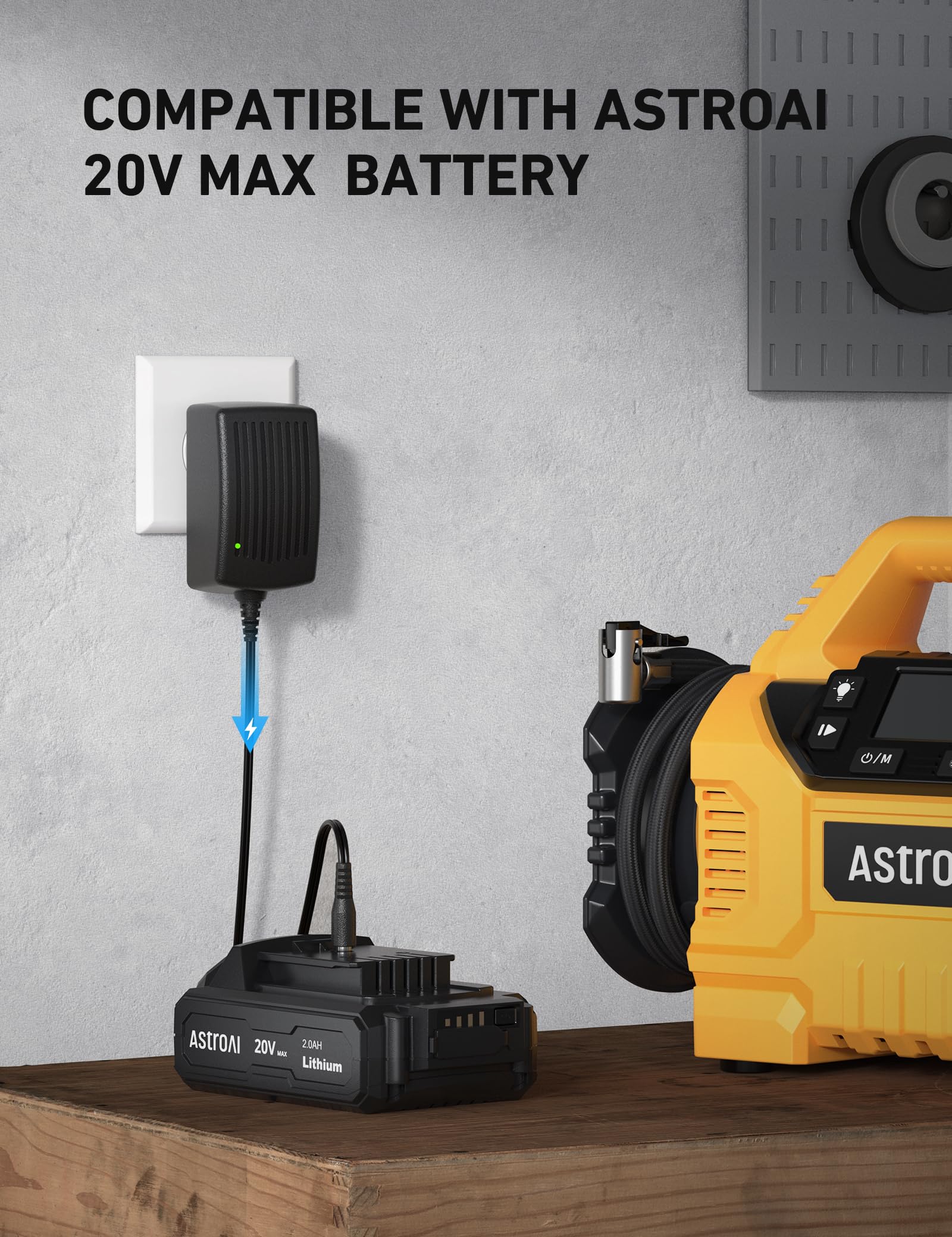 AstroAI 20V MAX charger connected to battery pack demonstrates charging workflow