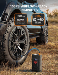 AstroAI A30 tire inflator with 150 PSI and auto-shutoff function.