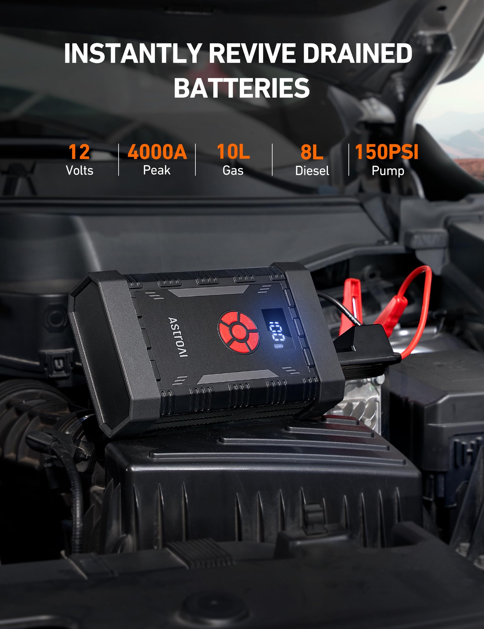 AstroAI A30 jump starter showcasing 4000A peak power for fast starts.
