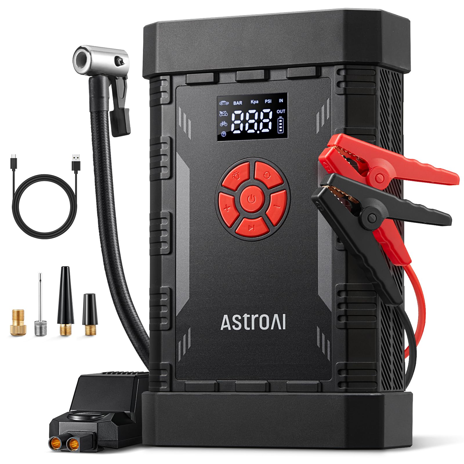 AstroAI A30 jump starter with integrated air compressor for roadside emergencies.