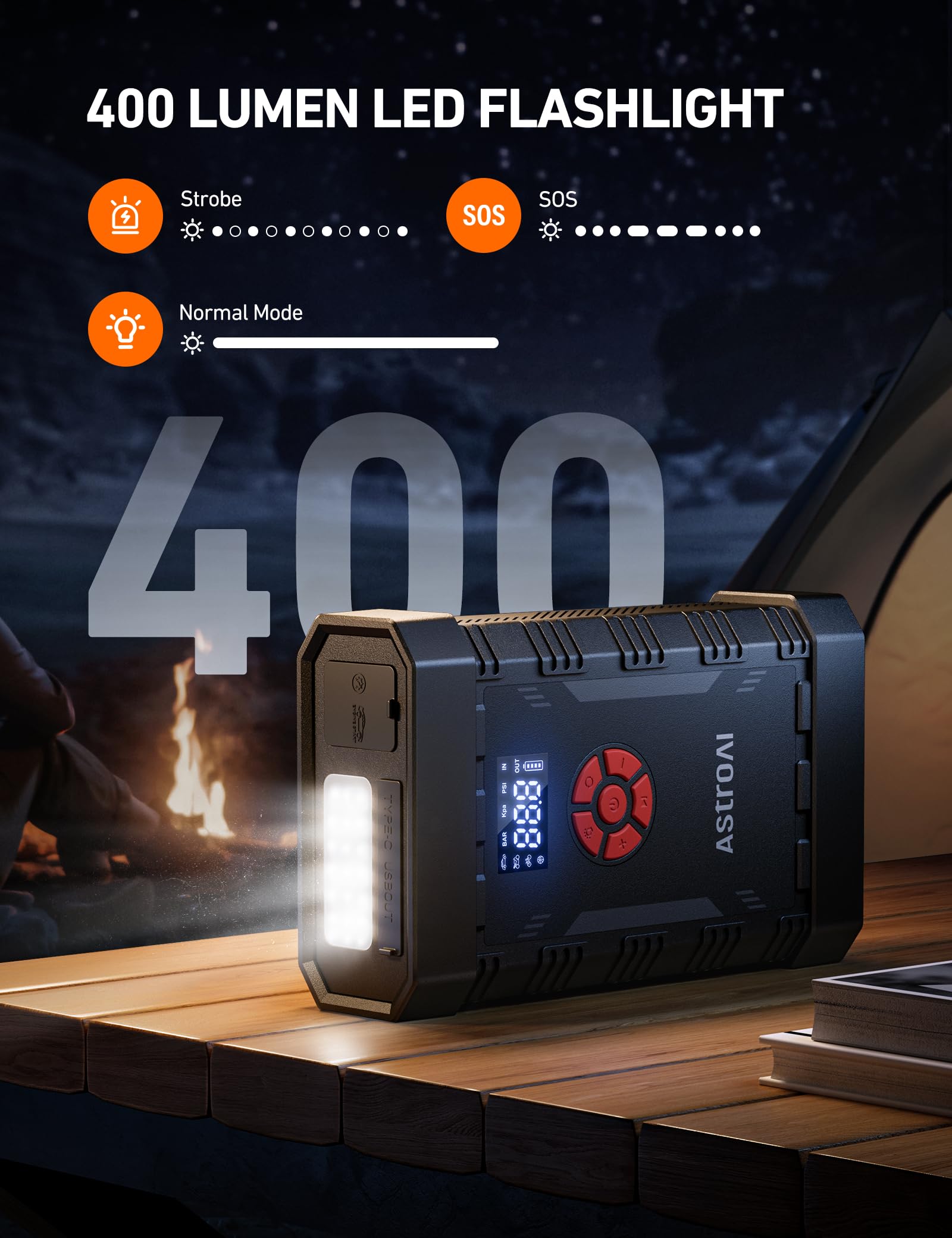 AstroAI A30 safety features including spark-proof protection and reverse polarity.