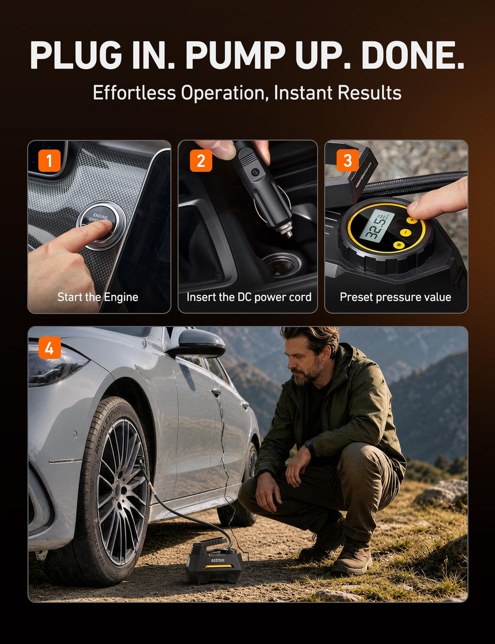 AstroAI AIRUN H inflating a car tire demonstrating fast inflation benefit