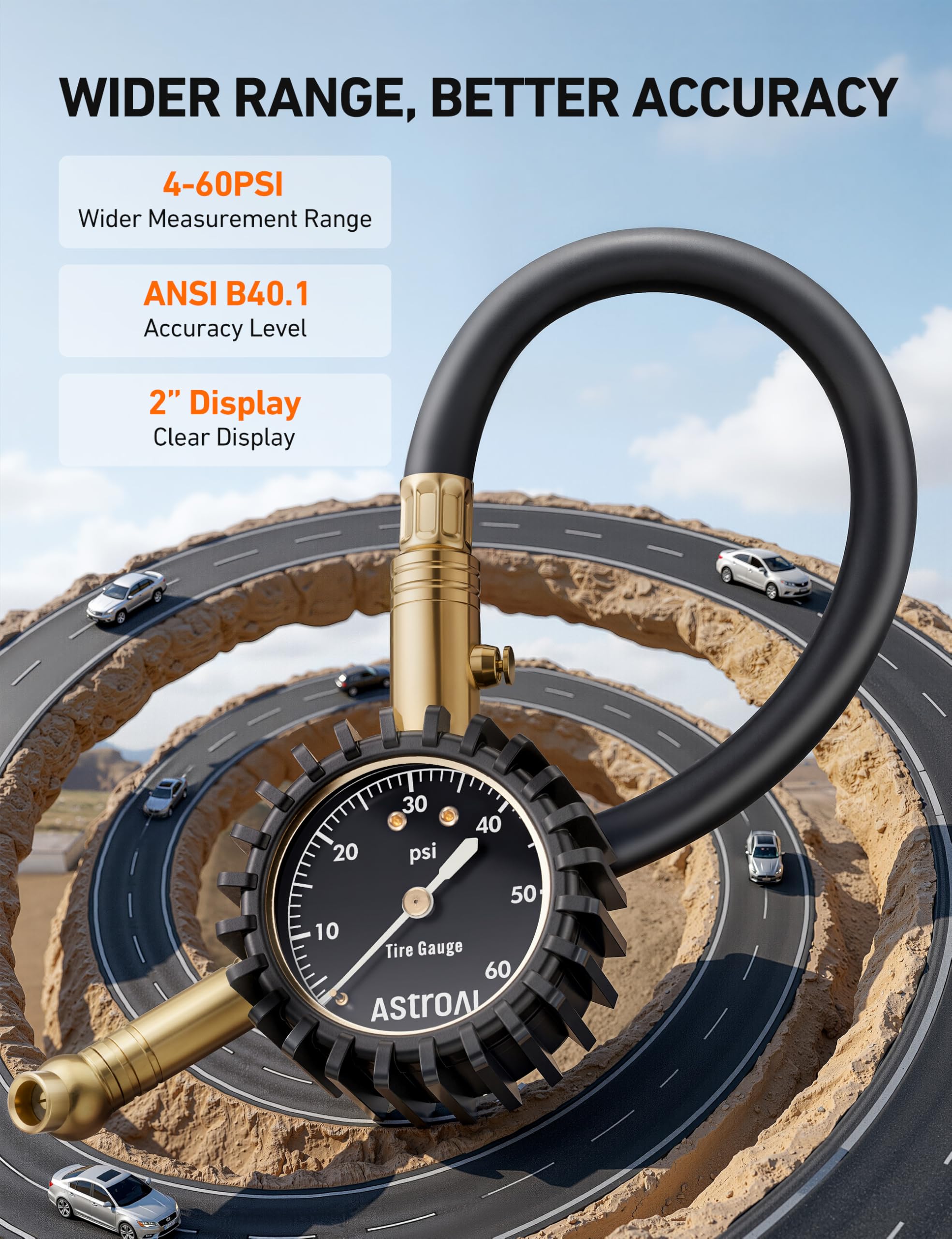 AstroAI brass and stainless steel construction for durable tire checks.