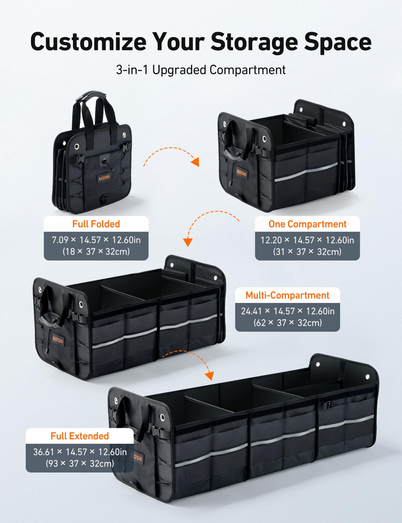 AstroAI car trunk organizer 3in1 sections show flexible storage for clutter-free trunk