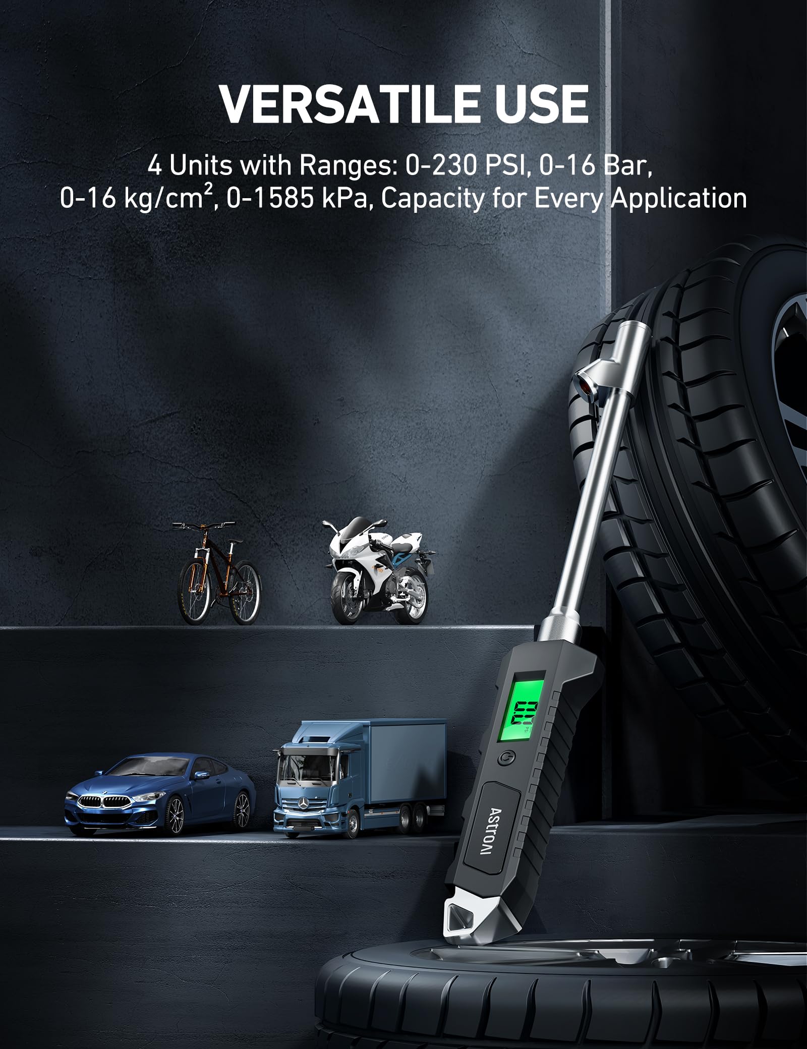 AstroAI 0-230 PSI range gauge for versatile vehicle use.