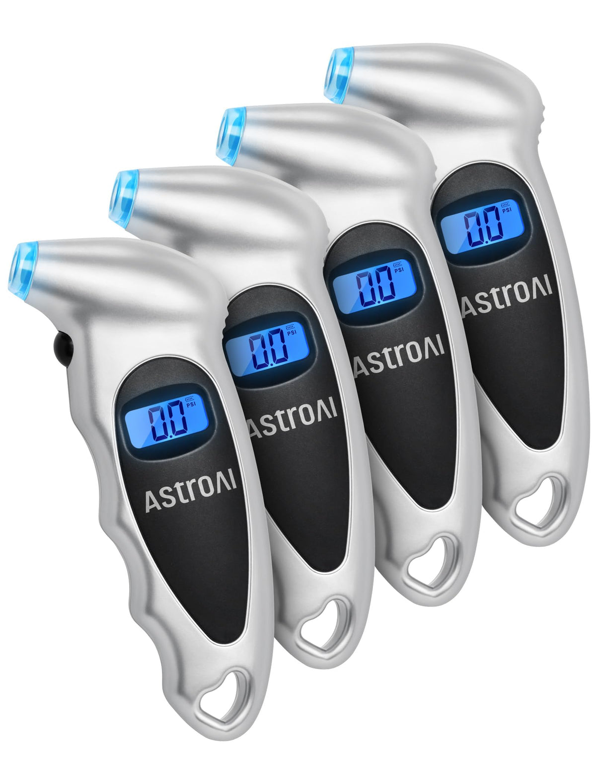 AstroAI digital tire pressure gauge with backlit display for easy night readings.