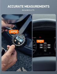 AstroAI digital tire pressure gauge backlit display showing four measurement units.