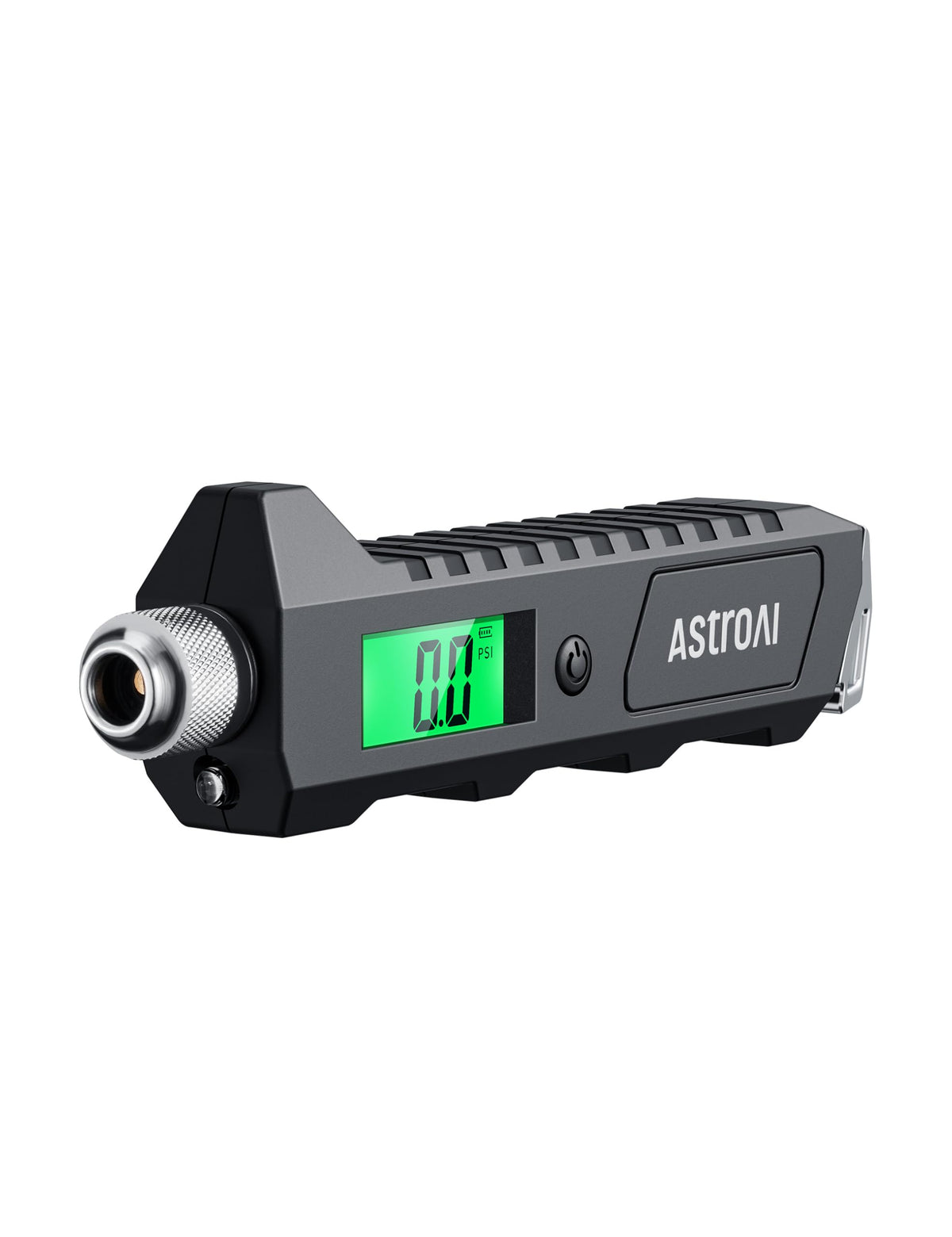 AstroAI digital tire pressure gauge with backlit LCD for dim-area readings.