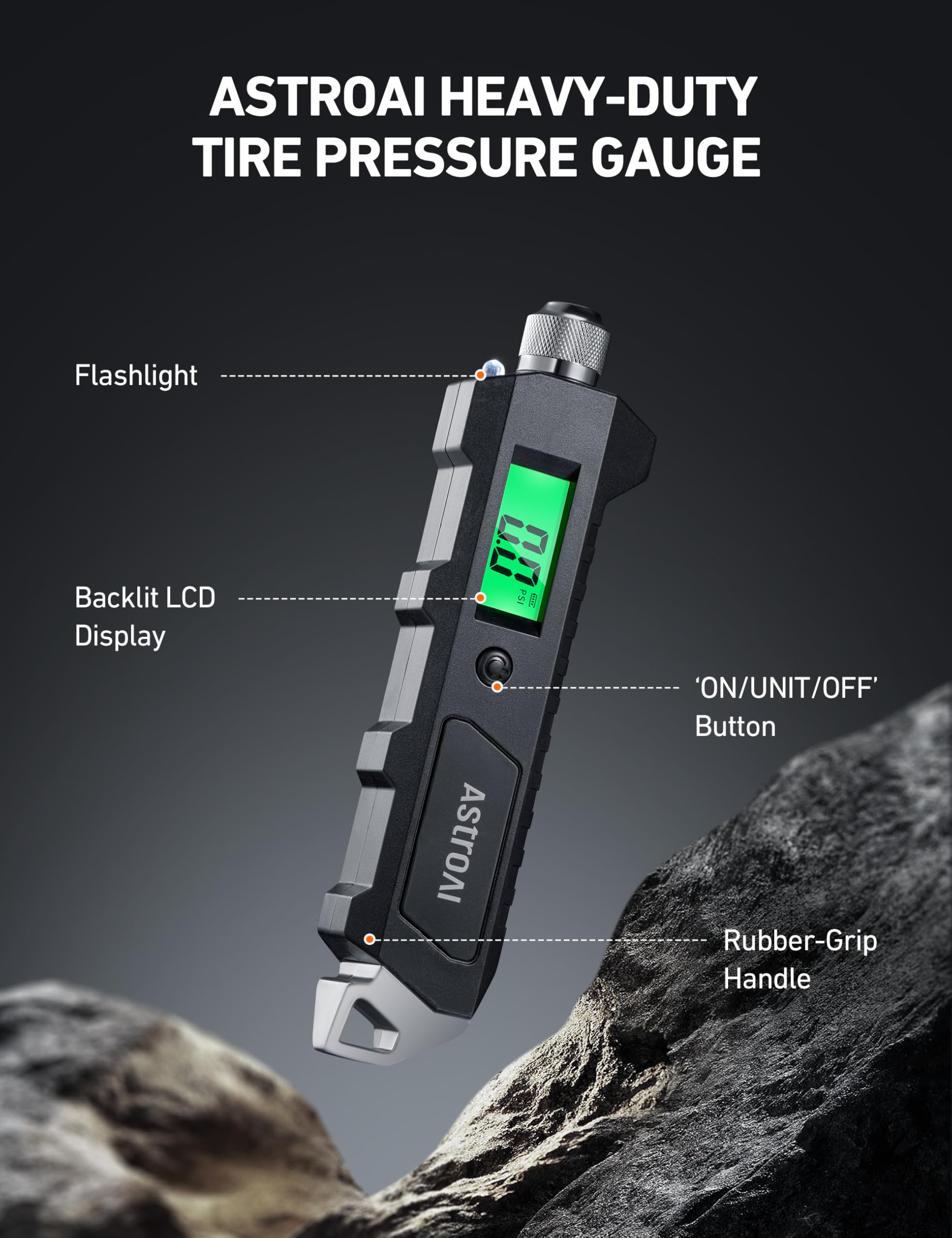 AstroAI gauge showing flashlight and non-slip grip for secure handling.