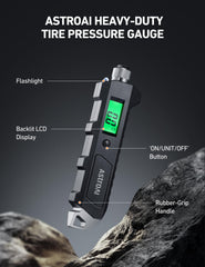 AstroAI gauge showing flashlight and non-slip grip for secure handling.