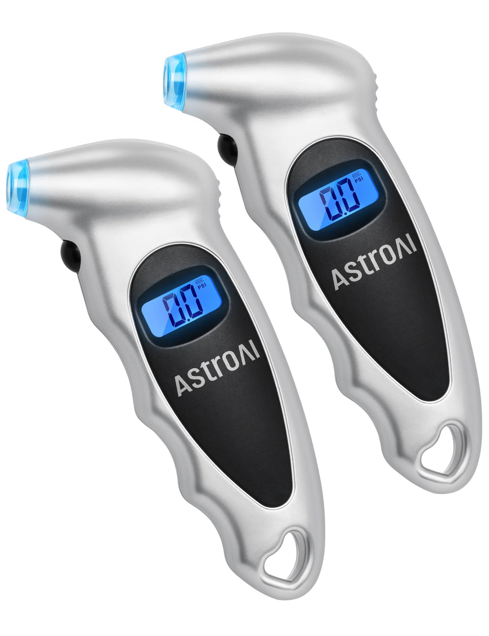 AstroAI digital tire pressure gauge front view with backlit display for accurate readings