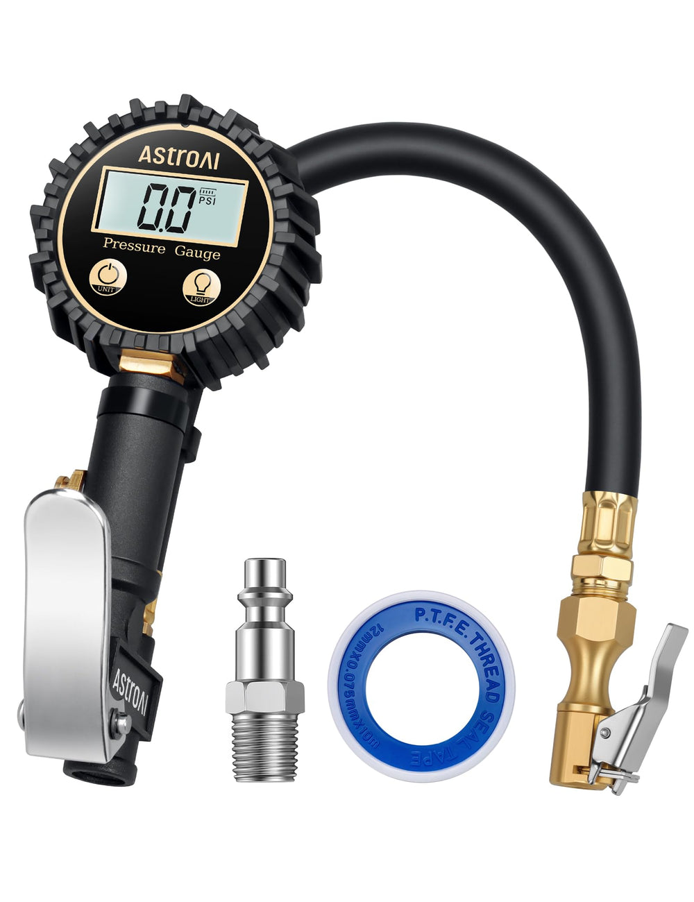 AstroAI digital tire pressure gauge front view; compact, durable design for quick on-the-go checks.