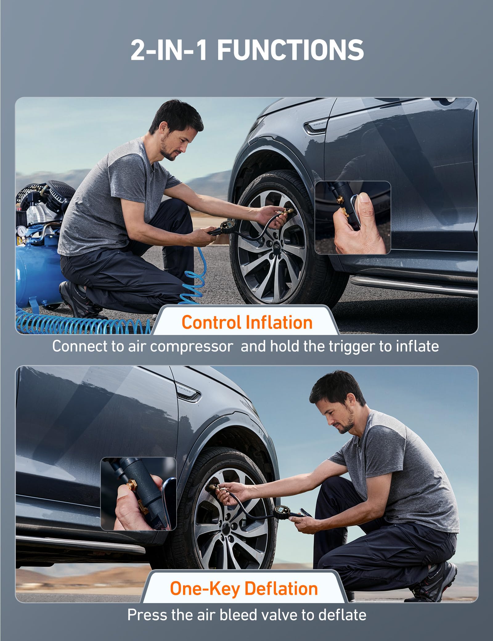 AstroAI digital tire pressure gauge inflator hose assembly ready for fast inflation.