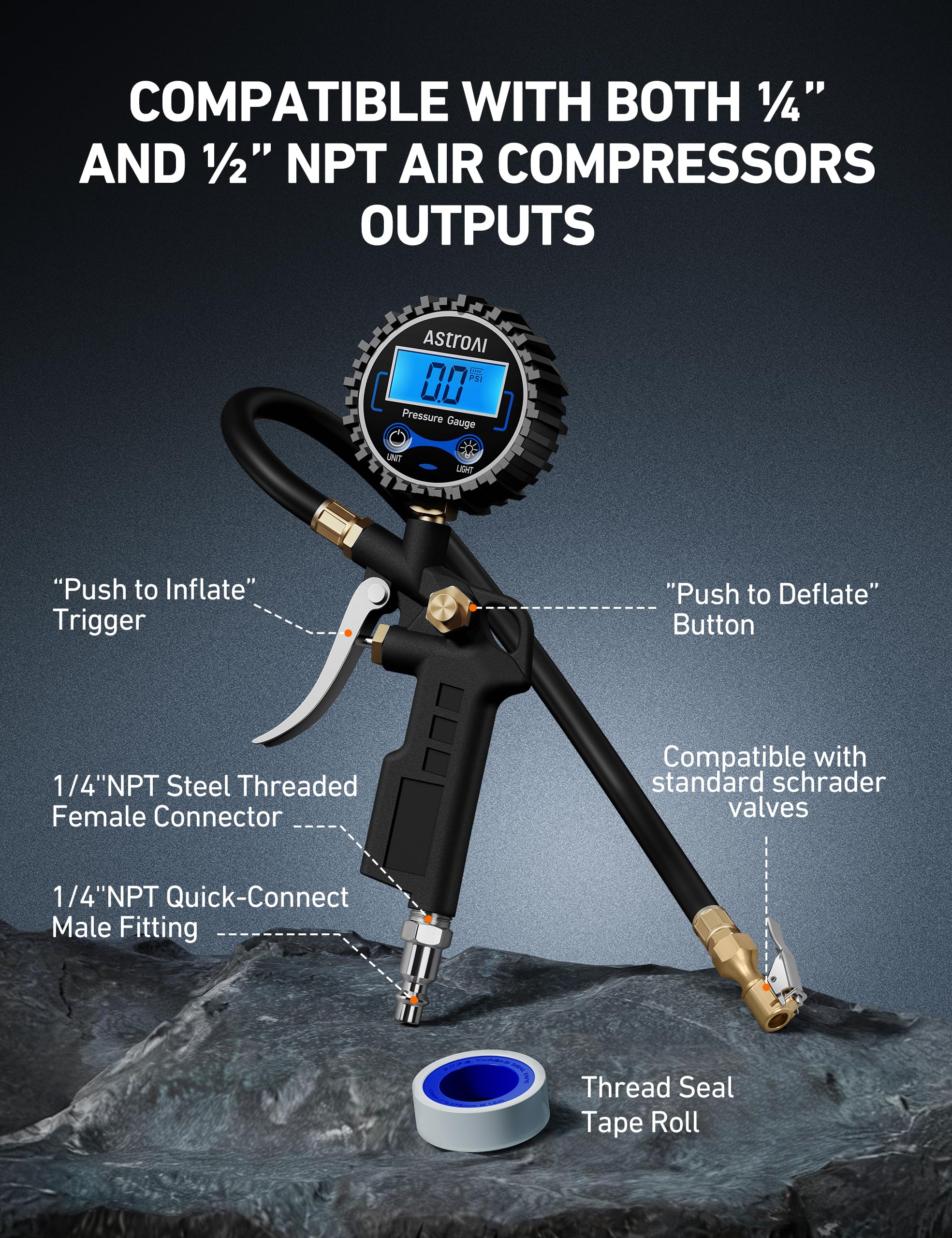 AstroAI lock-on chuck securely attaches for fast tire checks.
