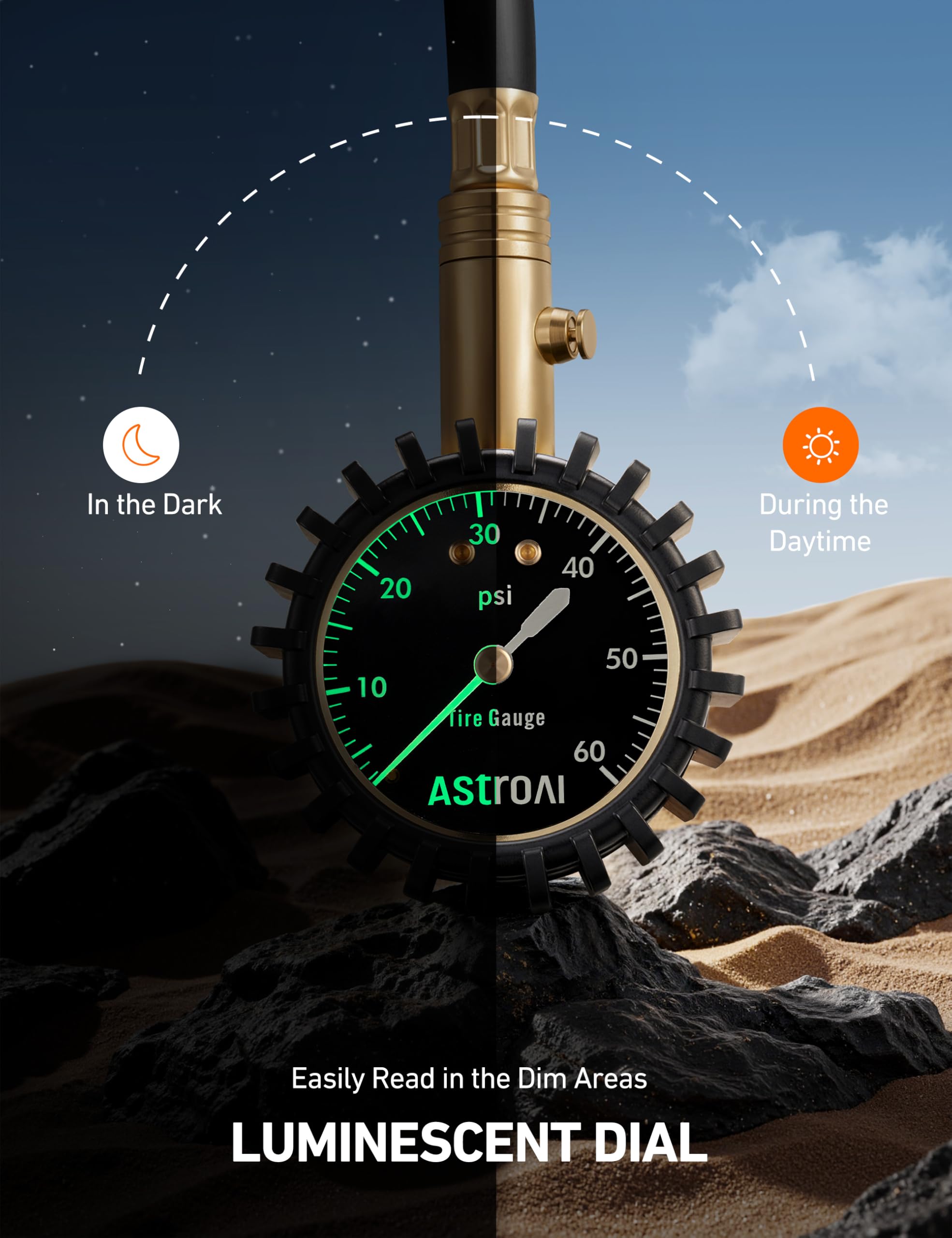 AstroAI glow-in-the-dark dial helps reading in dim garages.