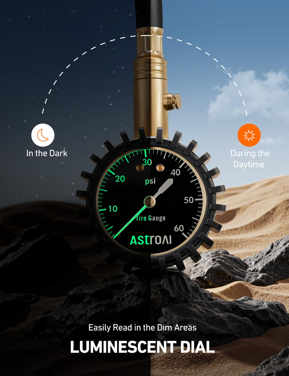 AstroAI glow-in-the-dark dial helps reading in dim garages.