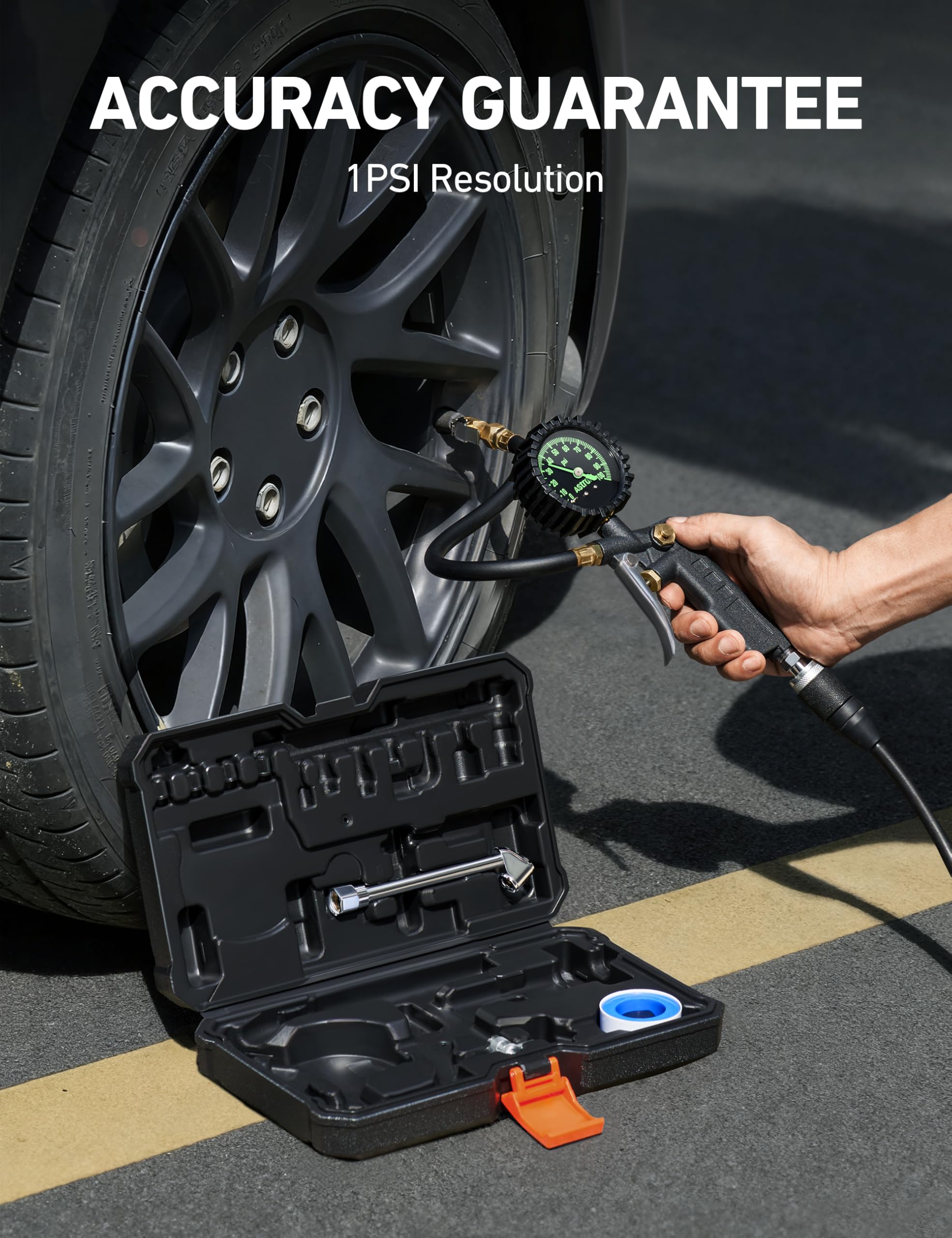 AstroAI heavy-duty air chuck connects securely for quick inflation.