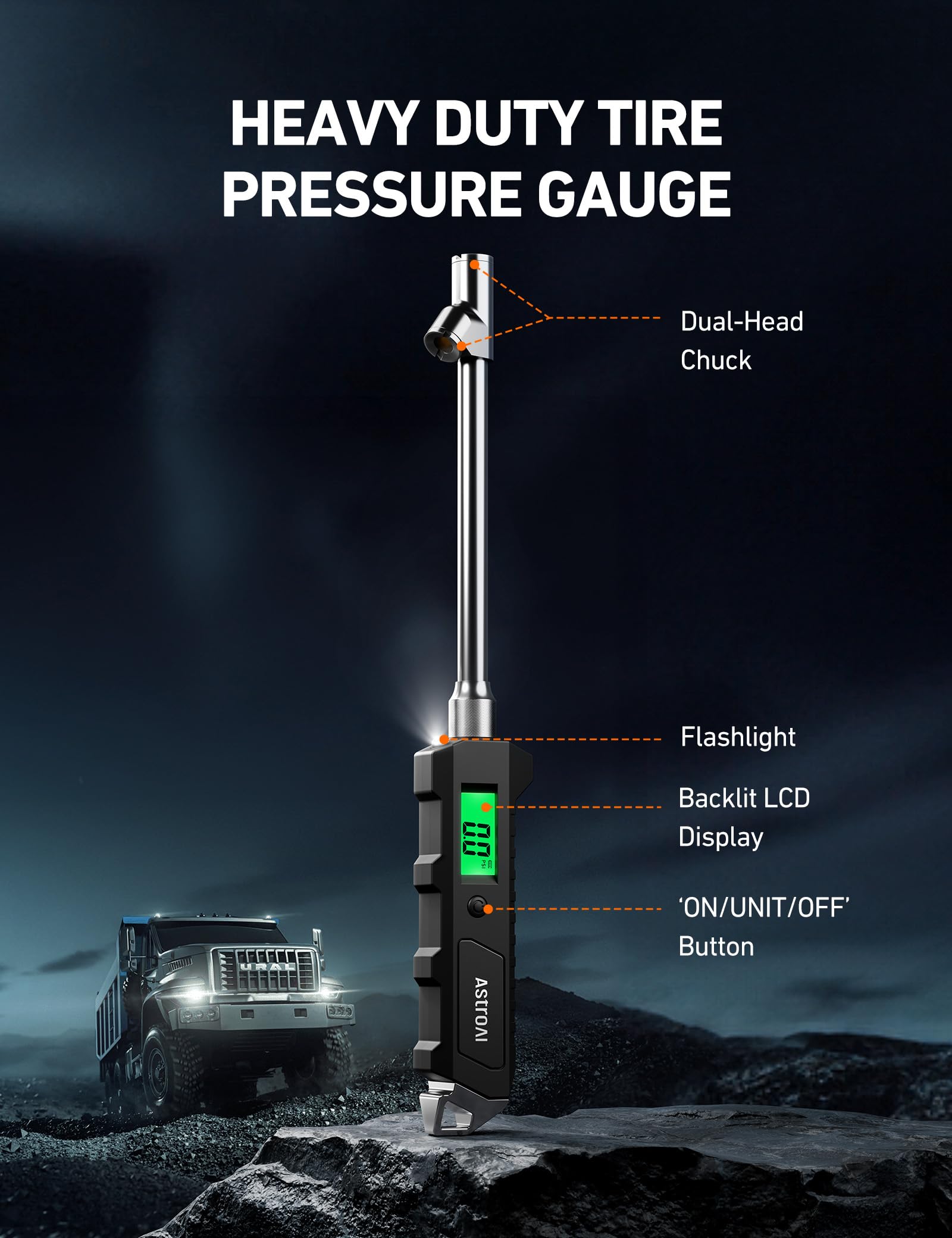 AstroAI gauge with LED flashlight for low-light tire checks.