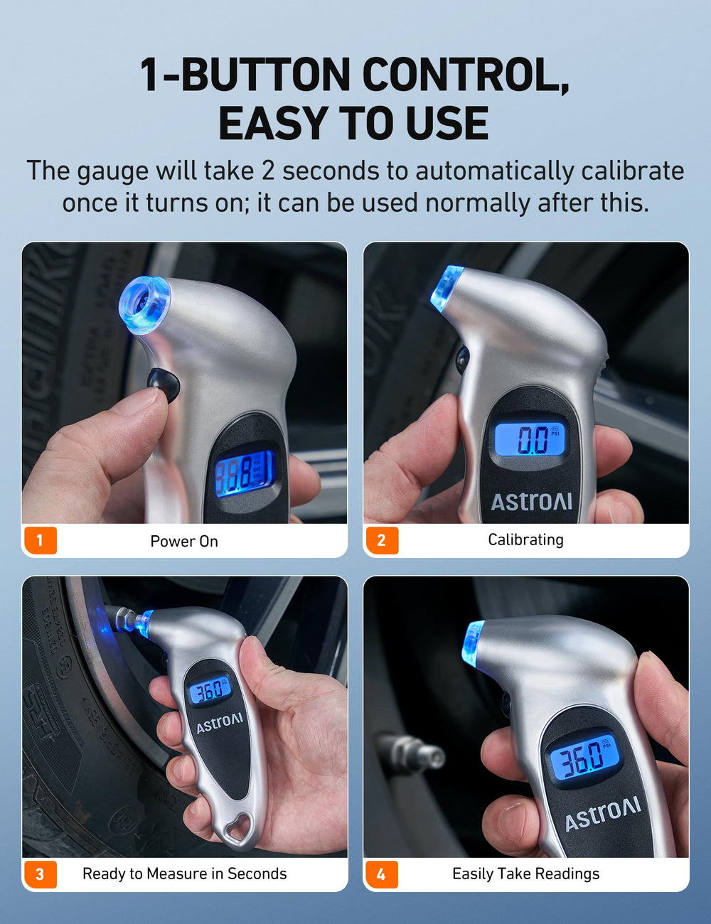 AstroAI gauge in use on a car valve demonstrating easy one‑hand operation