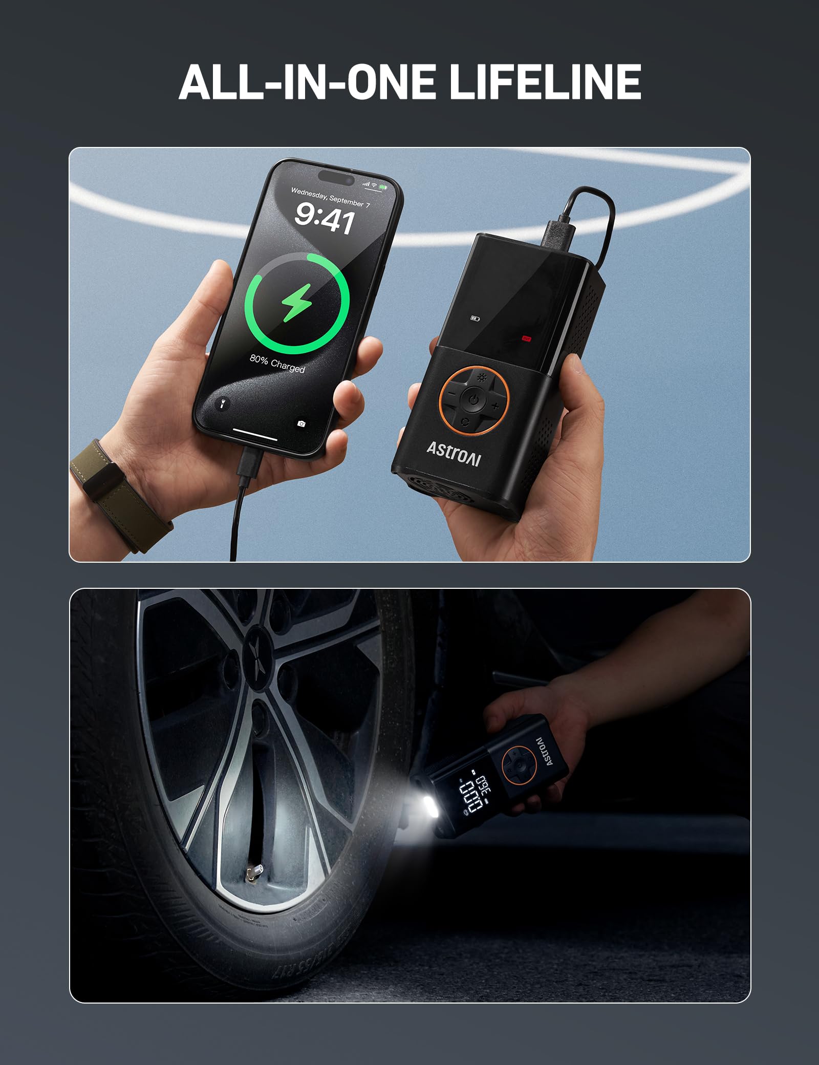 AstroAI L7 USB output charging a smartphone, backup power for devices