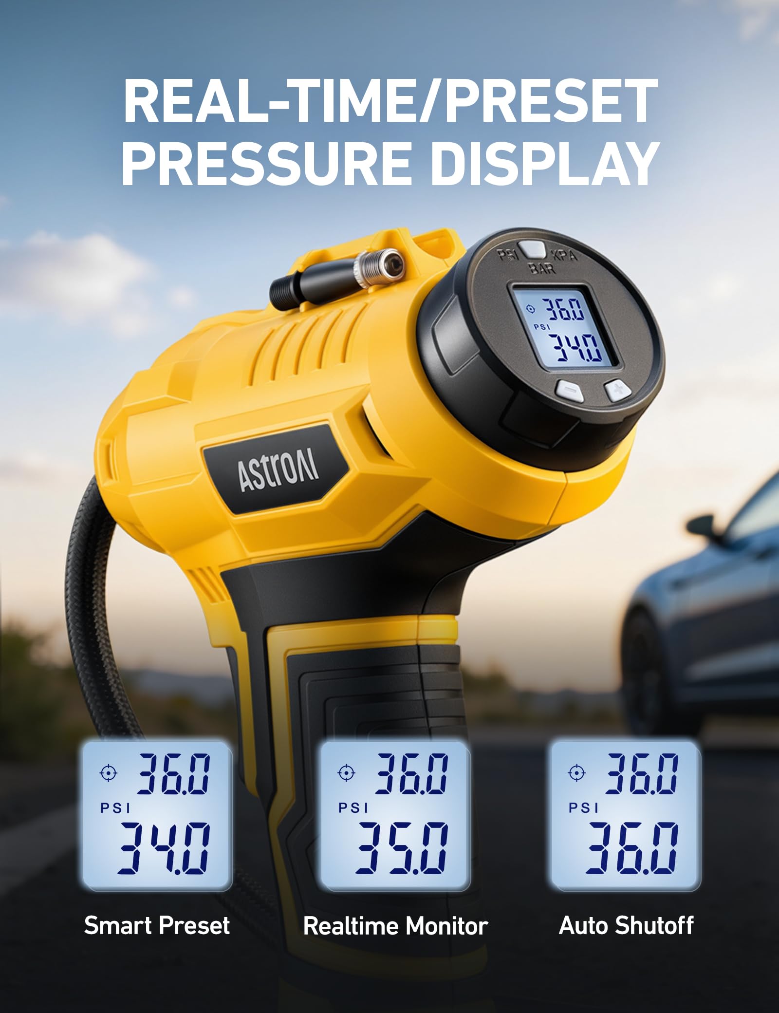 AstroAI LCD display close-up showing accurate pressure readout and unit options