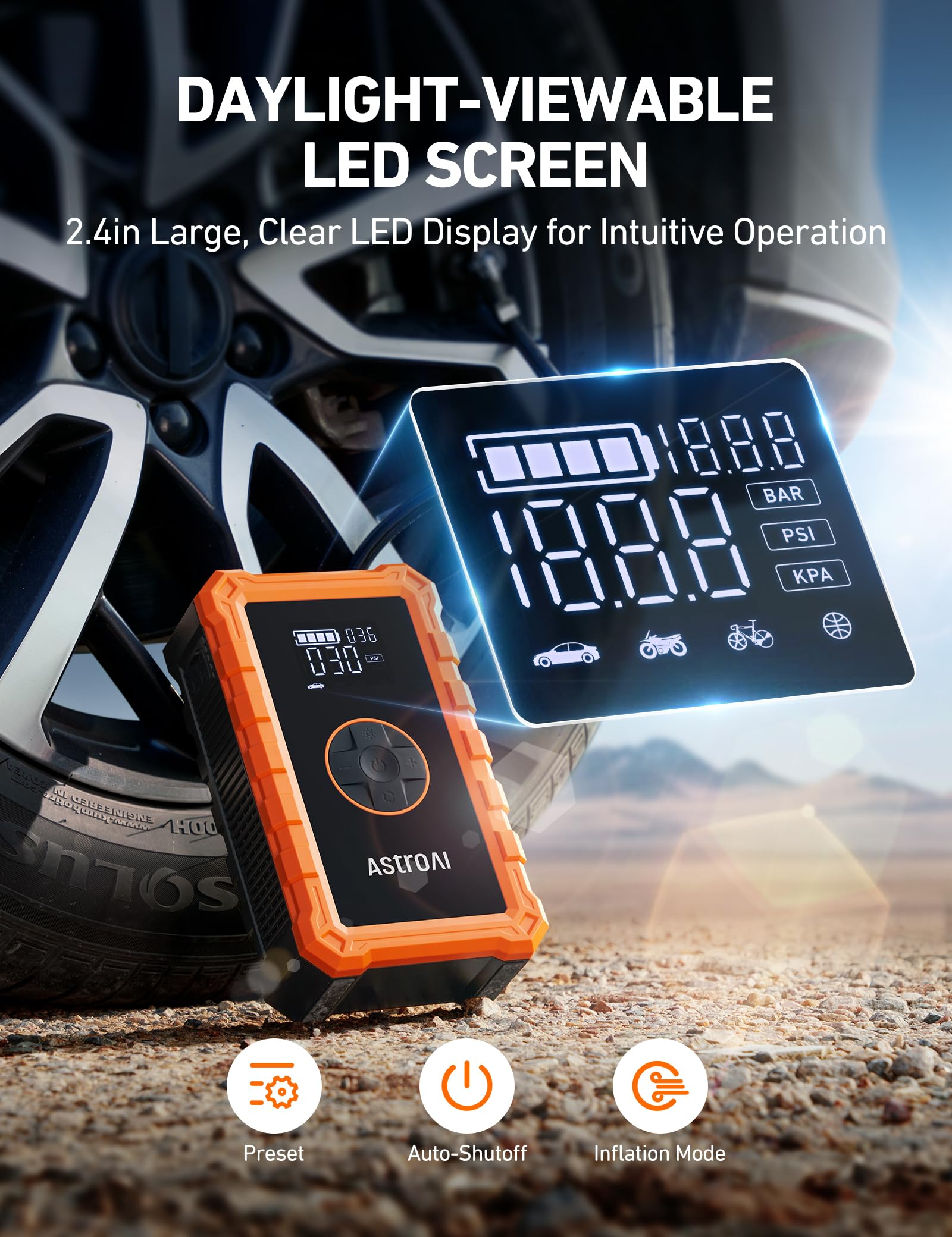 AstroAI S8 air compressor attachment prepared for tire inflation