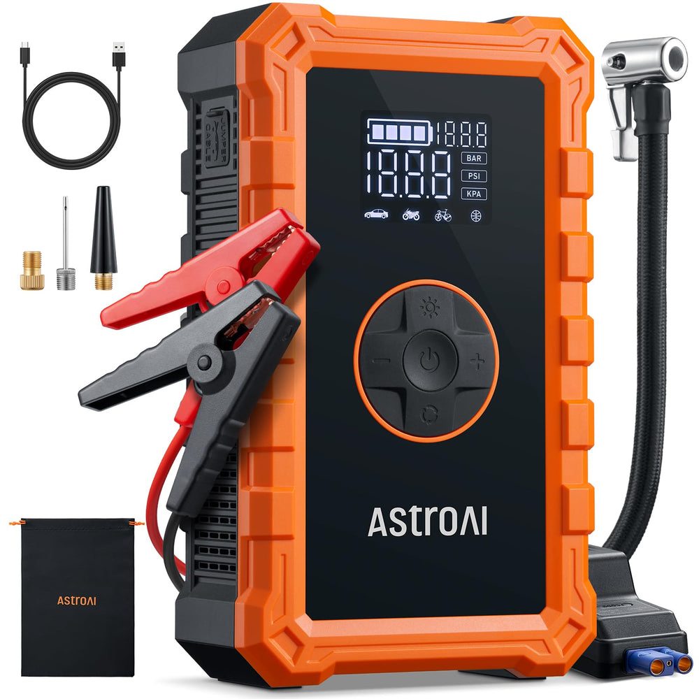 AstroAI S8 jump starter front view showing compact design and accessible connections