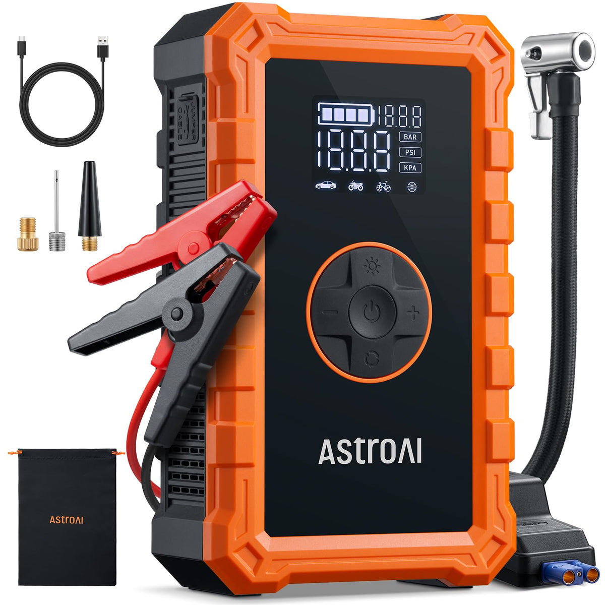 AstroAI S8 jump starter front view showing compact design and accessible connections