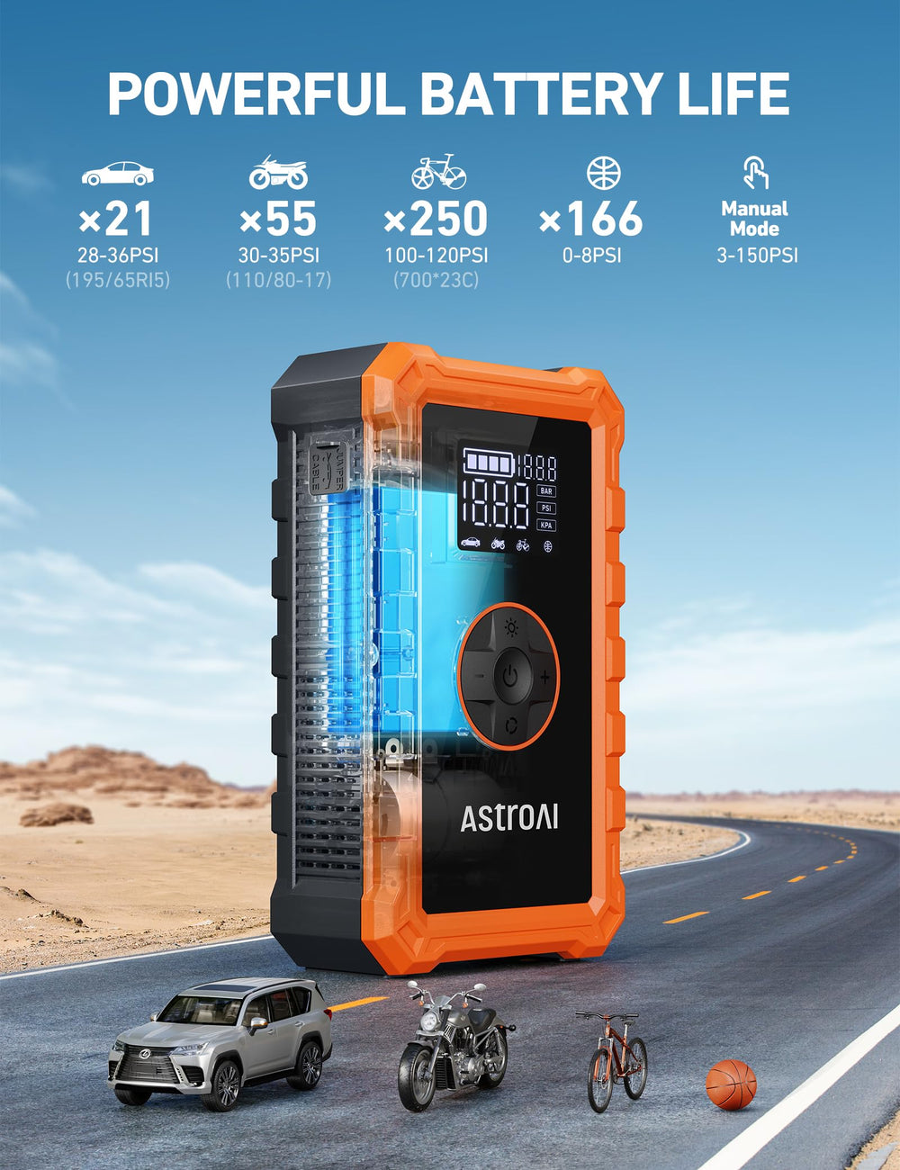 AstroAI S8 in use during roadside jump-start with clamps connected