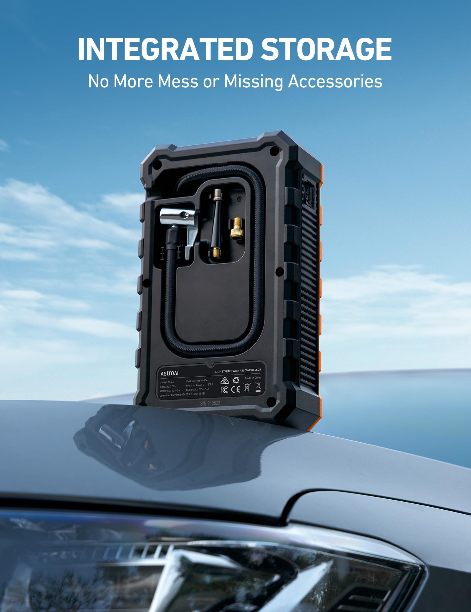 AstroAI S8 packaging contents neatly organized in compact case