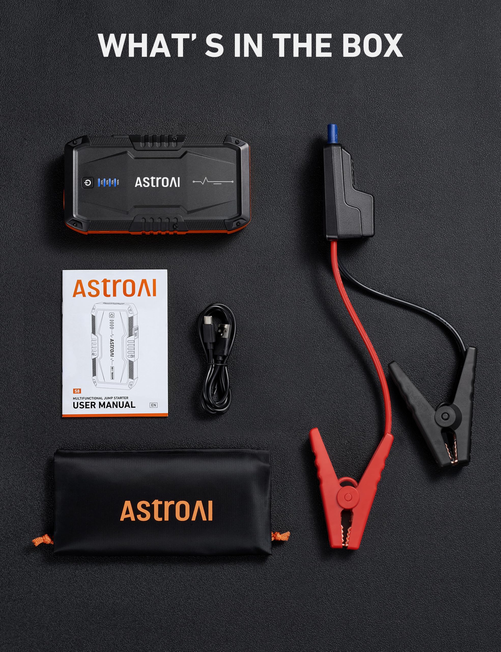 AstroAI S8 cables and manual included for quick setup