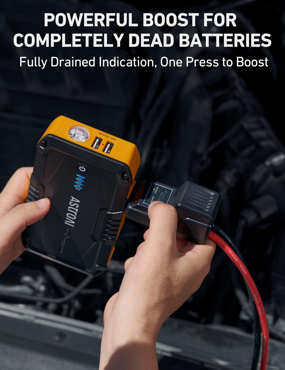 AstroAI S8 jump starter delivering 1500A peak for quick engine starts.