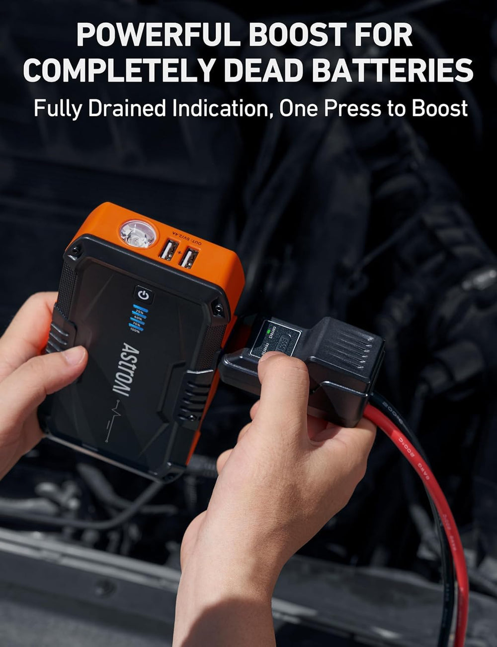 AstroAI S8 with clamps connected illustrates safe boost for a dead battery