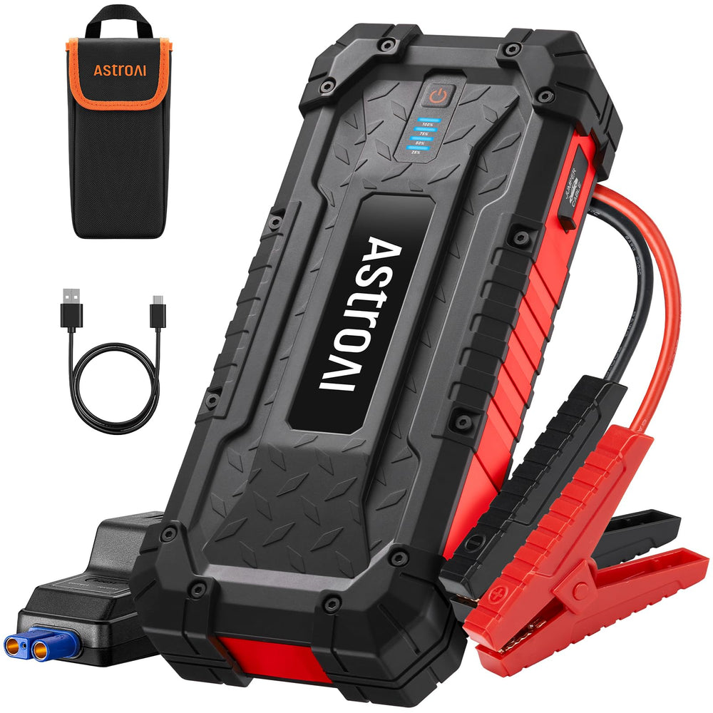 AstroAI S8 Ultra front view showing portable jump starter and brand logo for quick boosts