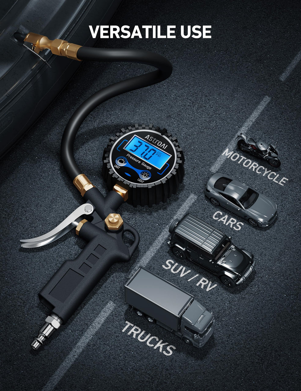 AstroAI Schrader valve compatibility for standard tire fittings.