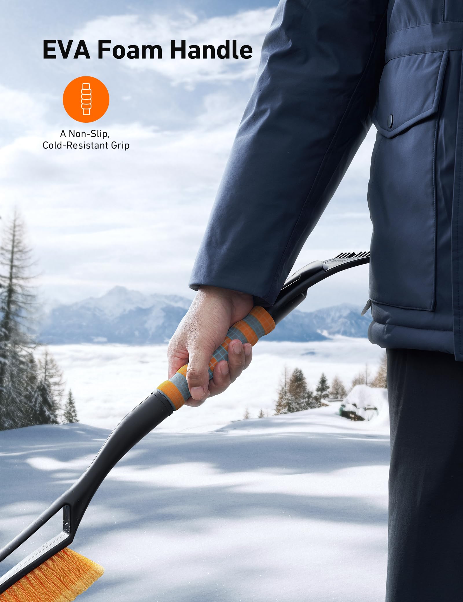 Soft, scratch-free bristles protect paint while removing snow
