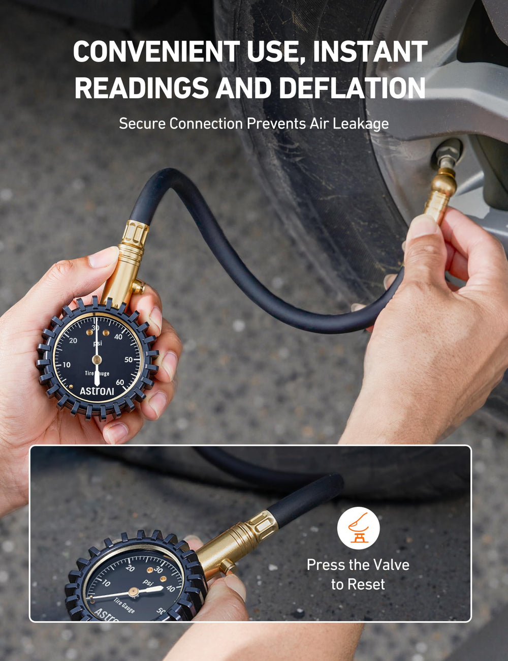 AstroAI 360-degree swivel chuck with rubber hose forms a tight seal.