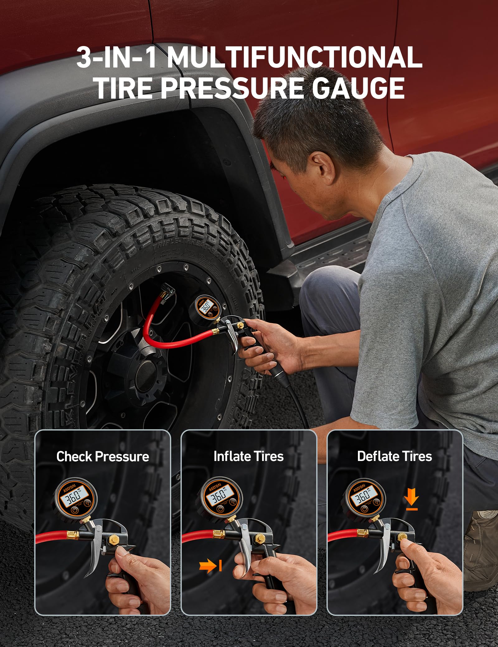 AstroAI T1 in-use on a vehicle tire shows reliable readings.