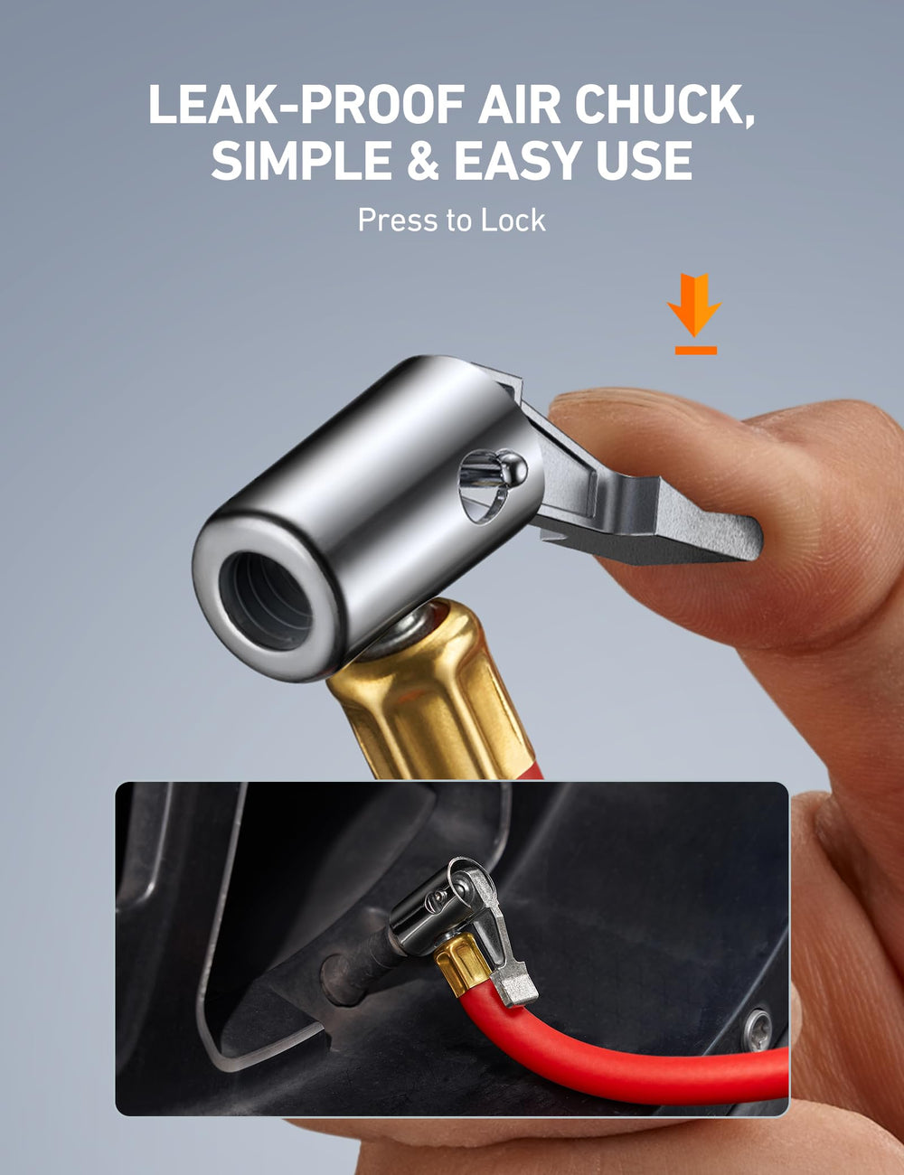 AstroAI T1 inflator connector attaches easily to standard air hoses.