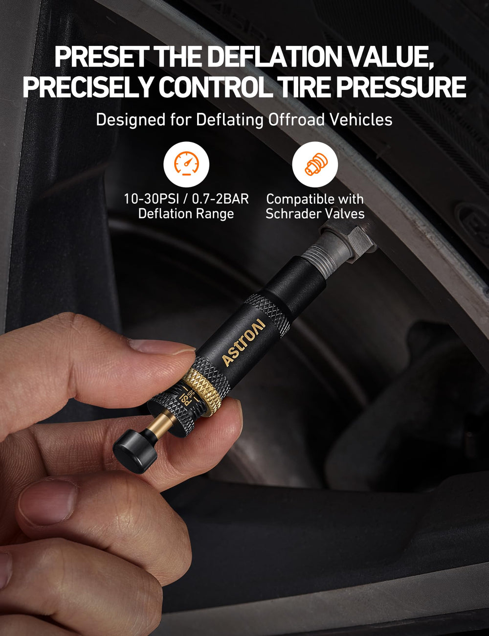 AstroAI tire deflator calibration scale enables precise PSI settings.