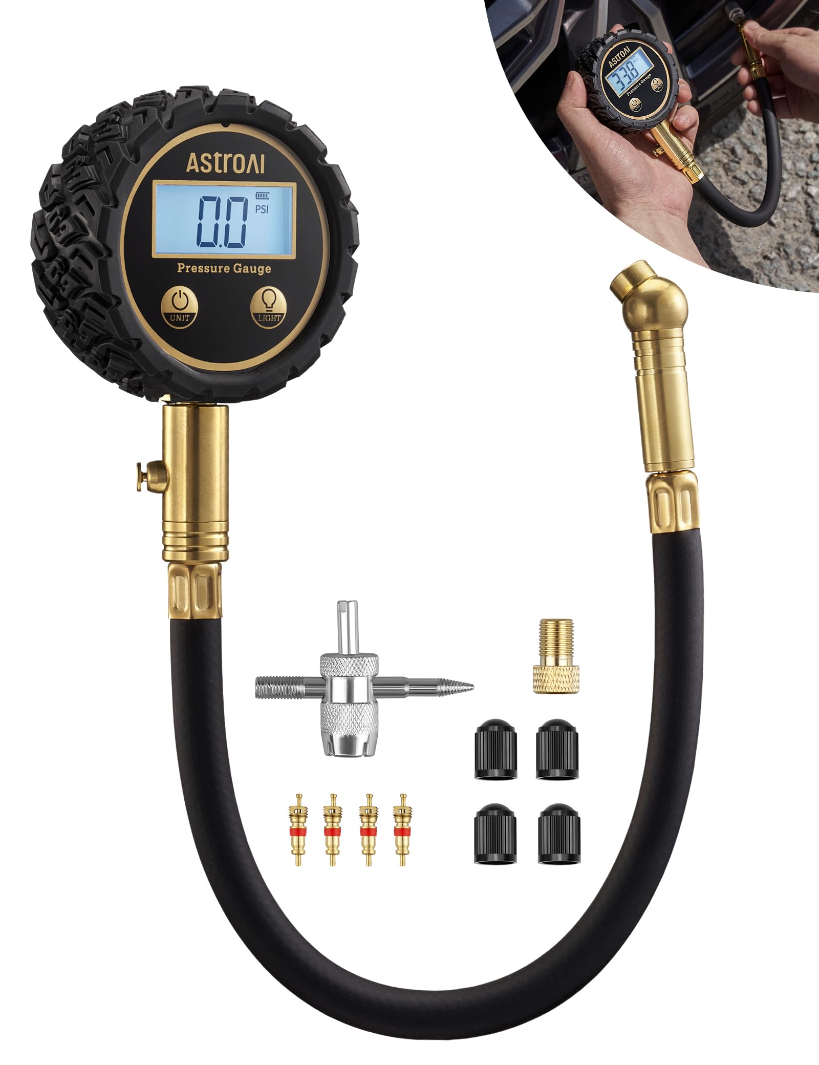 AstroAI tire pressure gauge with backlit display for easy readings in dim light