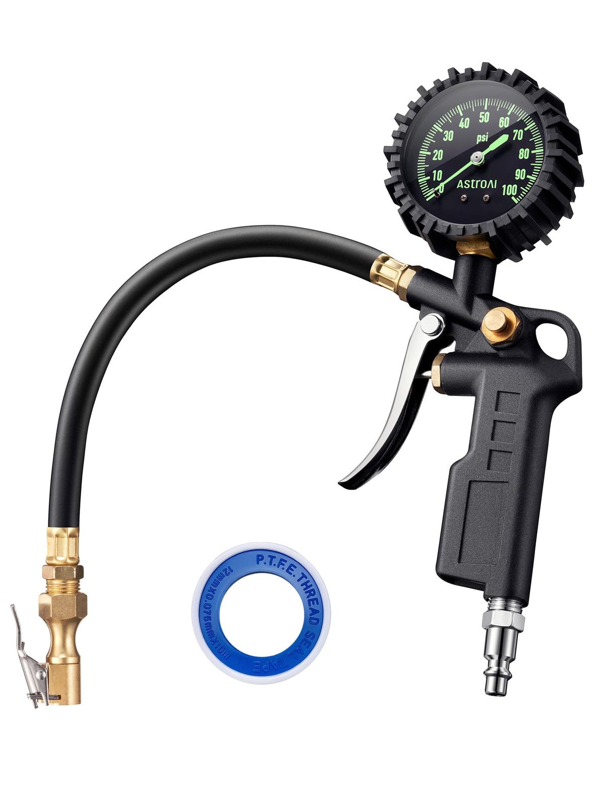 AstroAI tire pressure gauge with glow dial for easy night readings
