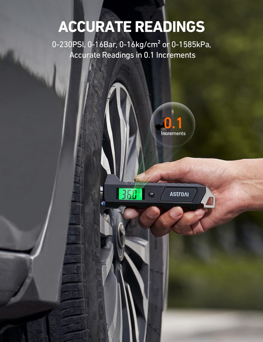 Close-up of AstroAI gauge's four-range settings for cars and bikes.