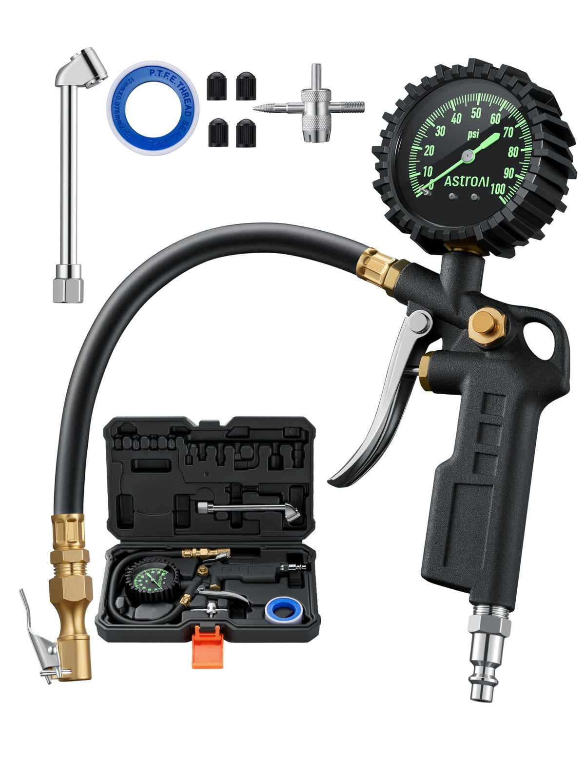AstroAI tire pressure gauge with inflator and case for precise roadside readings.