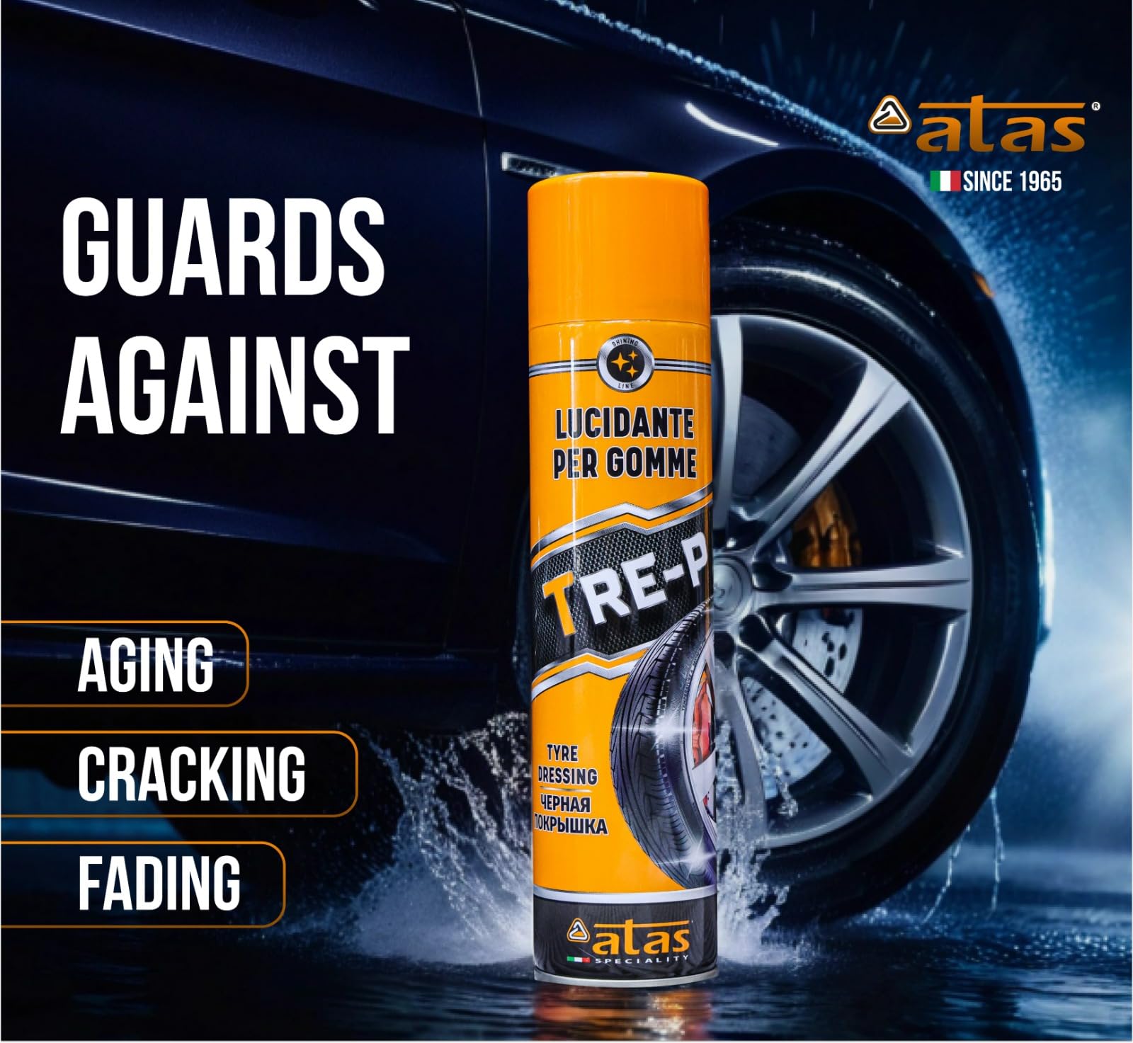 ATAS Speciality Tire Shine Spray on car tires for showroom-ready look