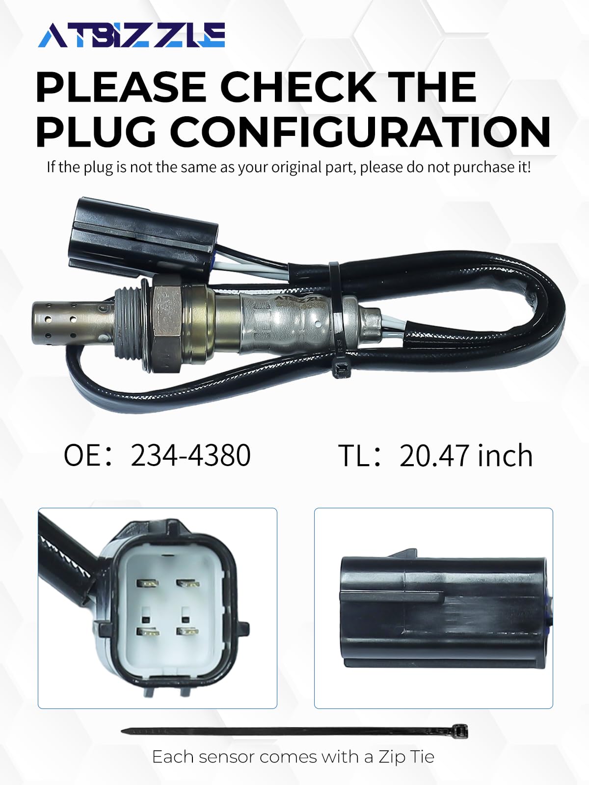 ATBIZZLE O2 sensor 234-4380 housing-detail highlights durable 310S stainless steel.
