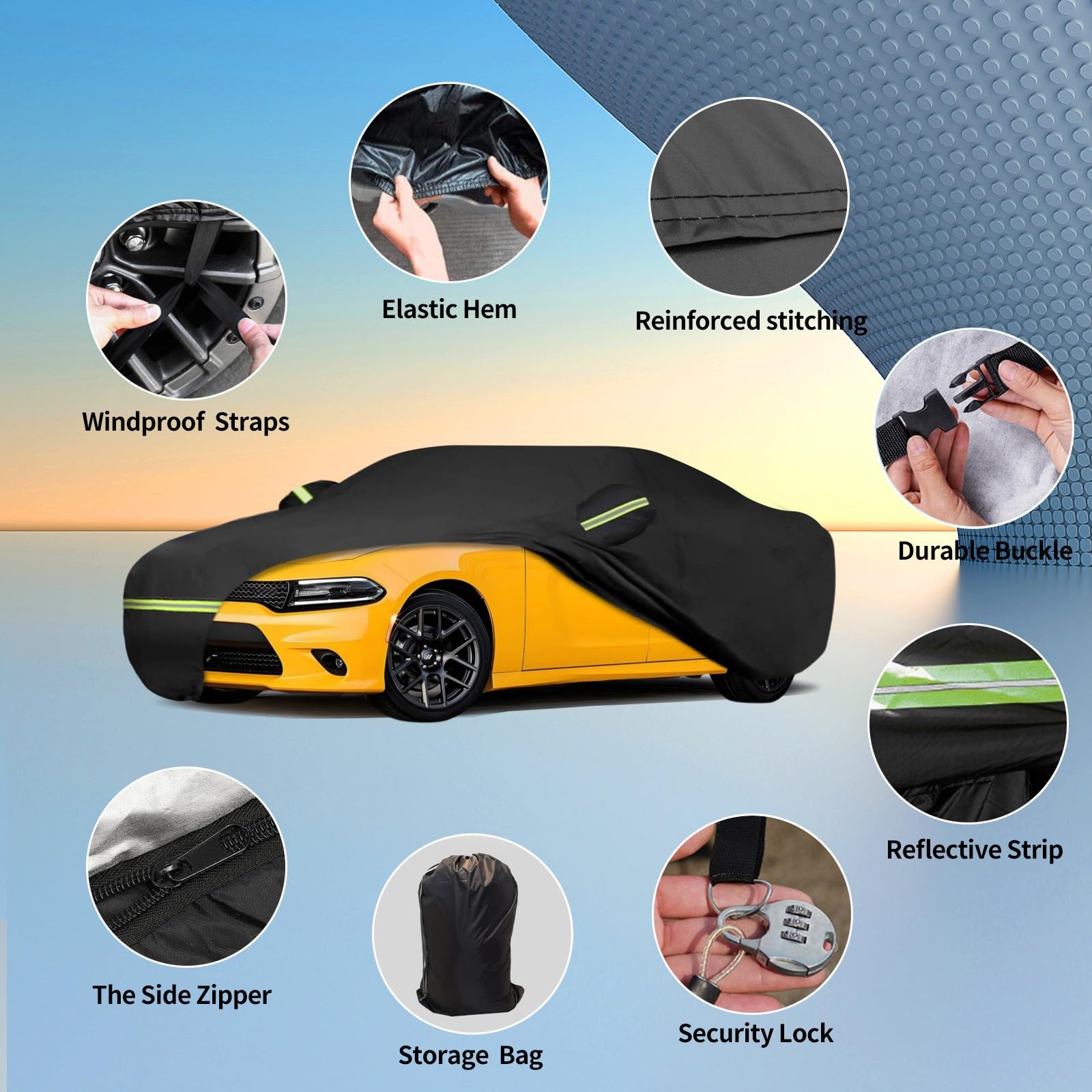 ATBKJ Dodge Charger cover side view highlighting reflective strips for night safety